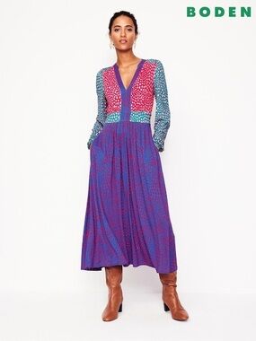 Boden MultiColor Blue Lily Long Sleeve Heart Midi Dress Size 8R